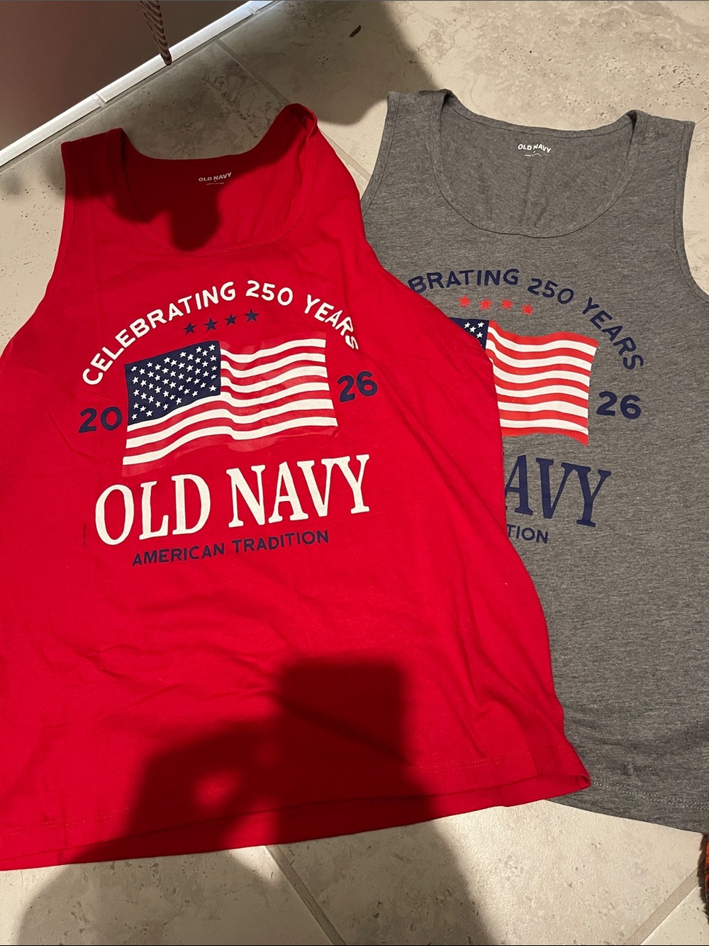 Old Navy Red and Gray American Flag Graphic Tank Tops